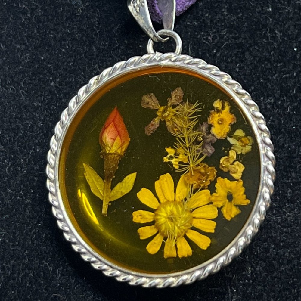 ATL Purple Cord & Sterling Silver Necklace W/ Dried Flower Pendant (4249) - Picture 3 of 8
